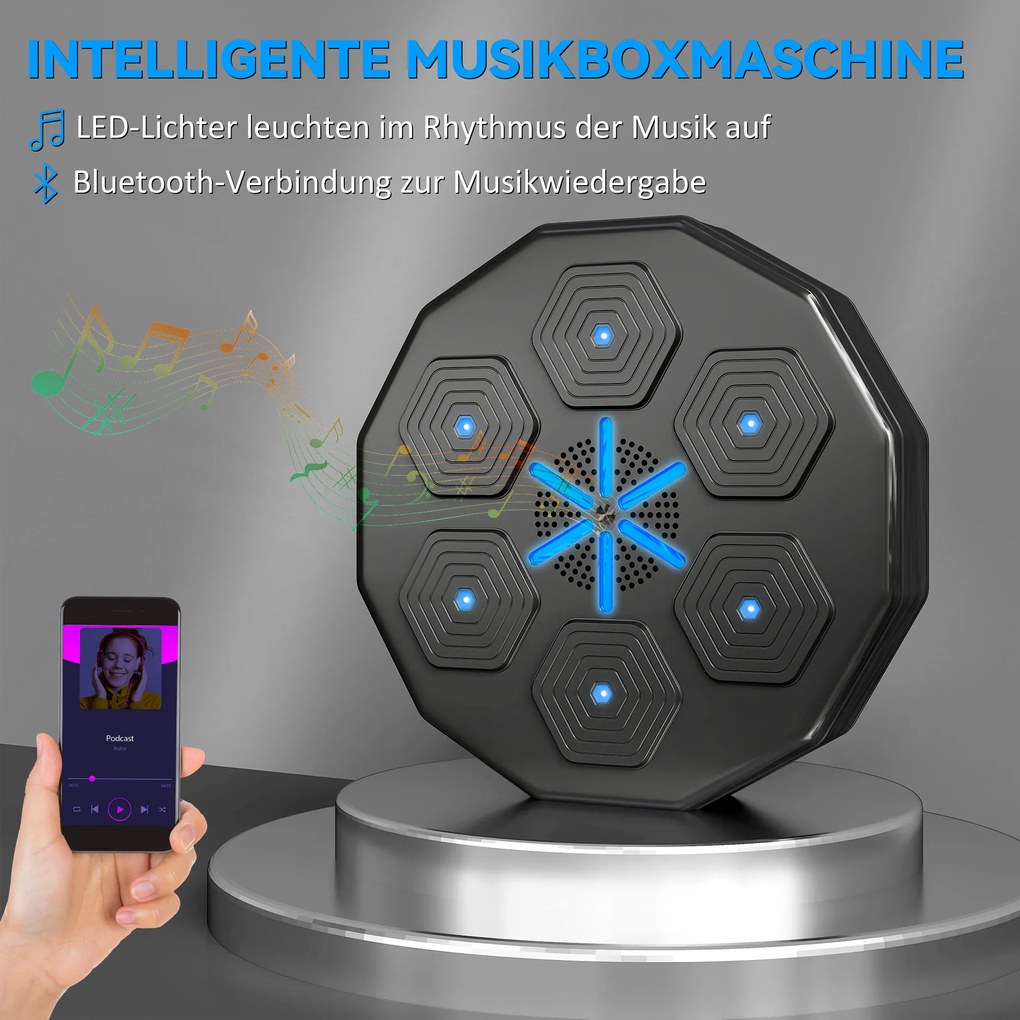 SPORTNOW Trener bokserski z funkcją muzyki, Bluetooth, migające punkty, montaż na ścianie, skóra ekologiczna, Czarny
