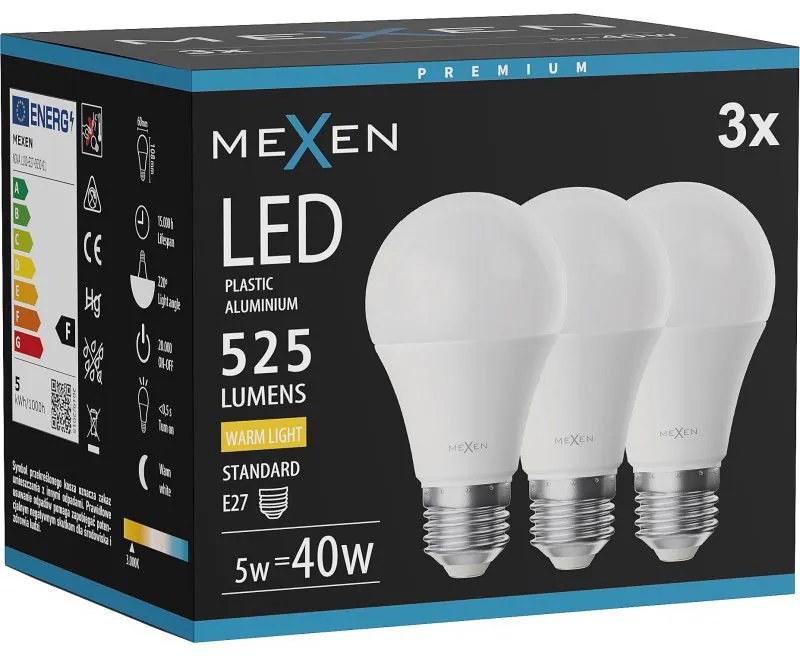Mexen Nova 3x żarówka LED E27, A60, 5W, Ciepła - 3000K, 525 lm - L100-E27-0530-01x03
