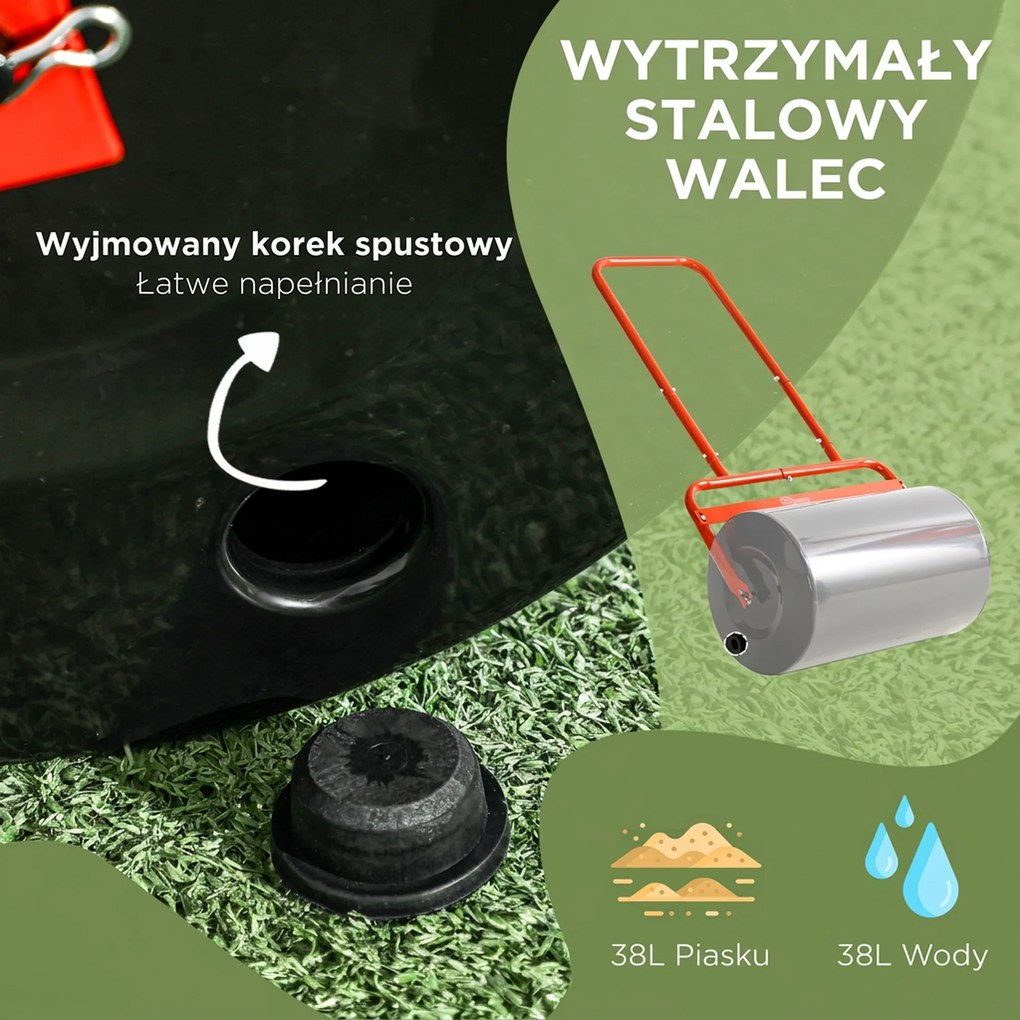 Outsunny Praktyczny Wał Ogrodowy, Ręczna Rolka do Traw, Wał do Trawy, Wałek Ogrodowy, Elastyczny, ze Stali, 58Dł x 32,5S x 113W cm, Czerwony