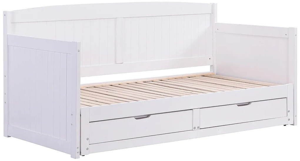 Łóżko wysuwane dzienne 90 x 190 lub 180 x 190 cm - Z rozsuwanym stelażem i szufladami - Drewno sosnowe i MDF - Biały - DINIVA
