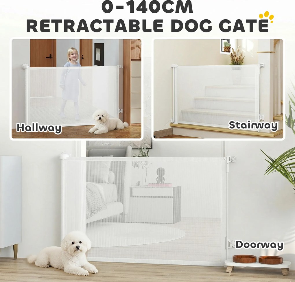 PawHut Rozsuwane ogrodzenie dla schodów i drzwi 0-140 cm z obsługą jedną ręką, dla dzieci i zwierząt, białe | Aosom PL