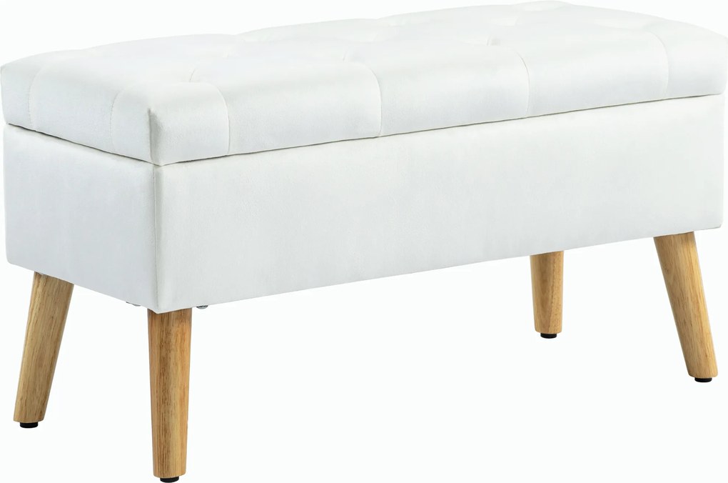 HOMCOM Tapicerowana ławka z miejscem do przechowywania, obicie w aksamitnym wykończeniu, nogi z drewna, do salonu, sypialni, przedpokoju, 80 x 35 x 40 cm, Biały