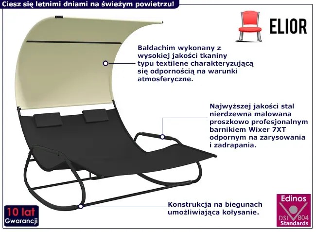 Bujany leżak ogrodowy z daszkiem czarny + kremowy- Viris