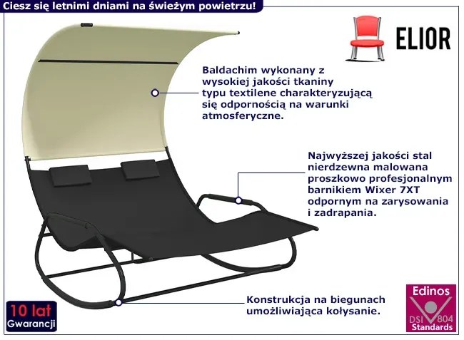 Bujany leżak ogrodowy z daszkiem czarny + kremowy- Vivos