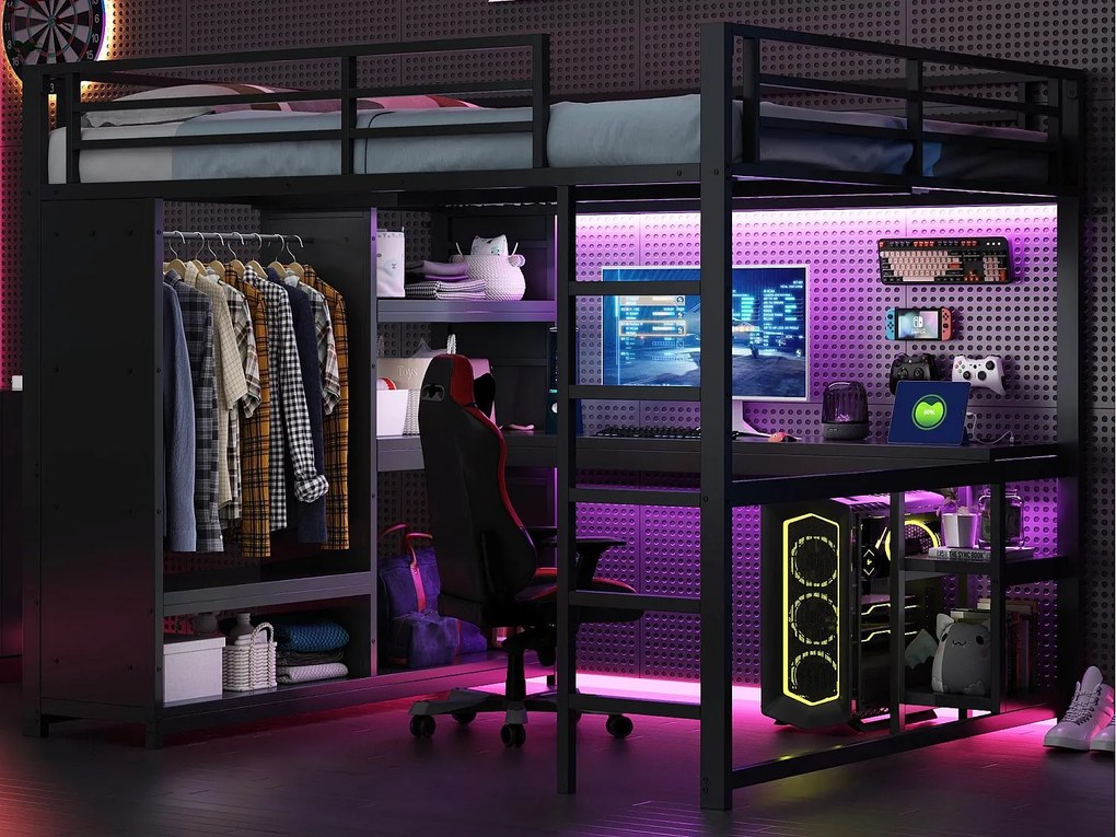 Łóżko na antresoli 160×200 cm - z LED - z biurkiem i otwartą szafą - Metalowe - Czarne (bez materaca)