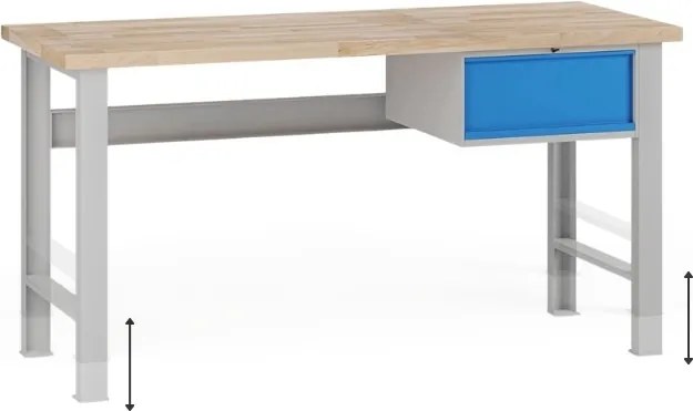 Stół warsztatowy z regulacją wysokości G7, blat bukowy, 1700 x 800 x 840-1040 mm, 1x kontener, 1x szuflada, niebieski