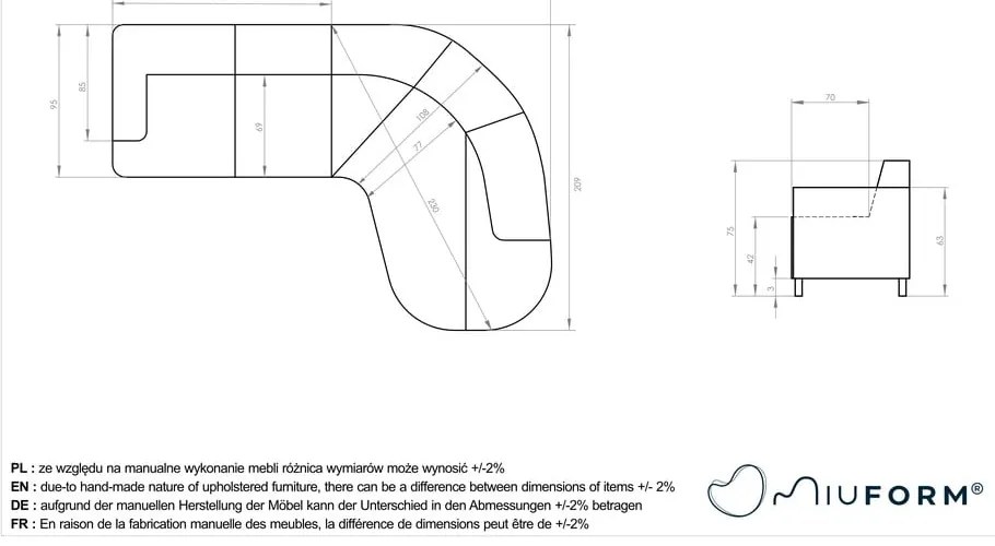 Biały narożnik (prawostronny) Bella Siena – Miuform