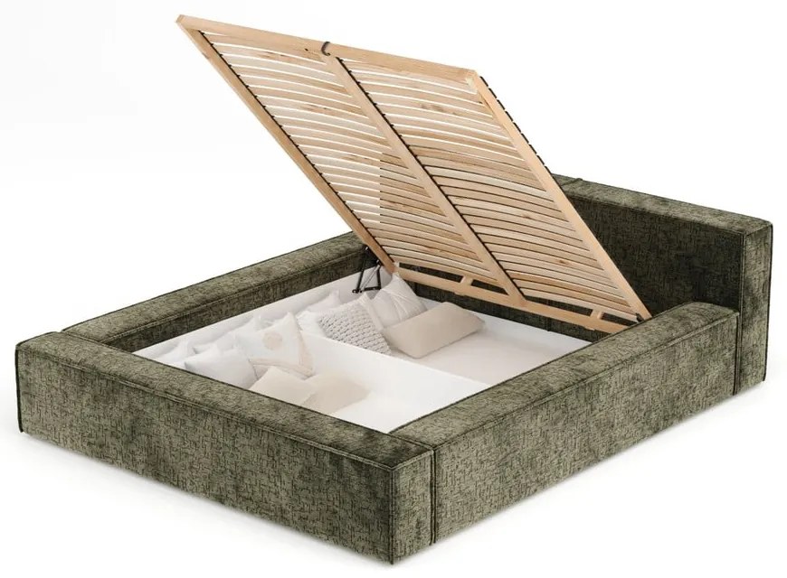 Ciemnozielone tapicerowane łóżko dwuosobowe ze schowkiem i stelażem 160x200 cm Voliera – Maison de Rêve