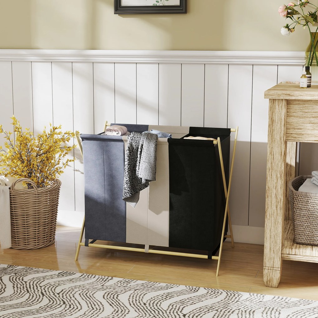 HOMCOM Kosz na pranie z 3 przegrodami 129L Składany Organizer do Pralni Sypialni Wielokolorowy | Aosom PL