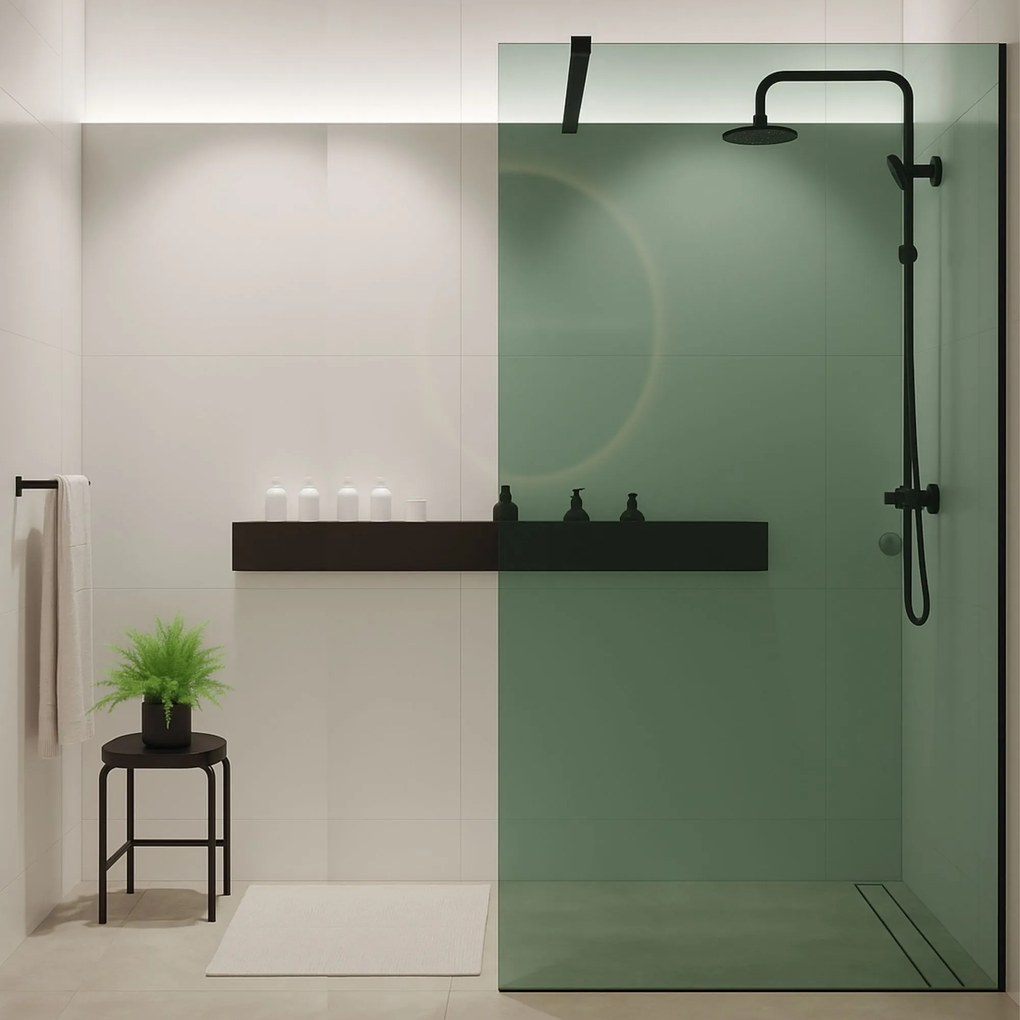 Ścianka prysznicowa WALK IN FIX zielona prostokątna 8 mm Molis Classic Green MASSI | rożne rozmiary : Kolor profili kabiny - złoty, Szerokość ścianki - 80 cm, Typ montażu - WALK in FIX (Do ściany)