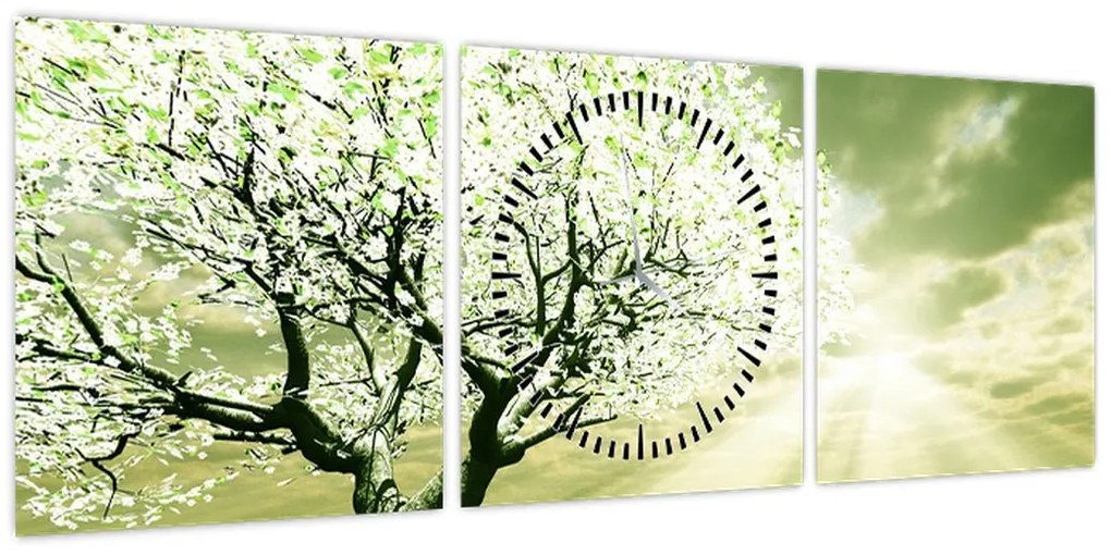 Obraz kwitnącego drzewa (z zegarem) (90x30 cm)