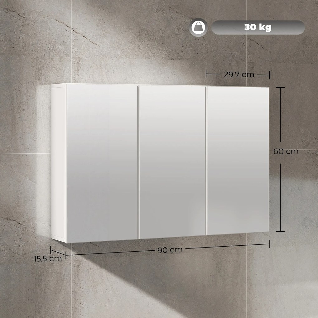 HOMCOM Szafa łazienkowa z lustrem, szafka z 3 lustrowanymi drzwiami, montaż na ścianie, 90 x 15,5 x 60 cm, płyta wiórowa, Biała | Aosom PL