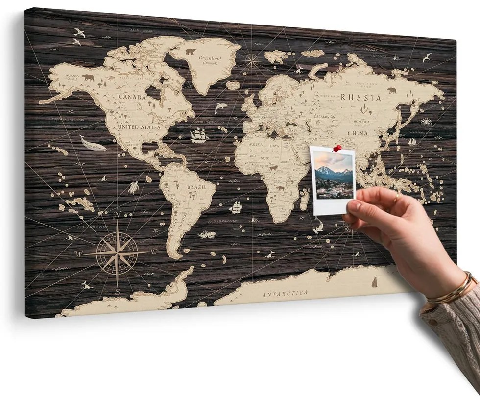 Obraz na korku mapa na drewnianym tle