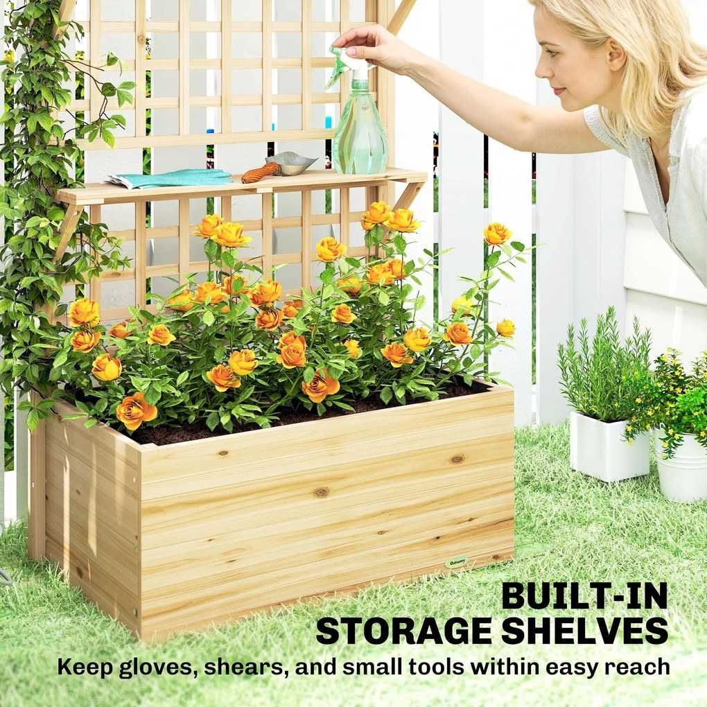 Outsunny Podwyższona donica z kratką i wiszącym dachem, drewniana donica z 2 półkami, otworami odpływowymi, 76 x 43,5 x 177 cm | Aosom PL