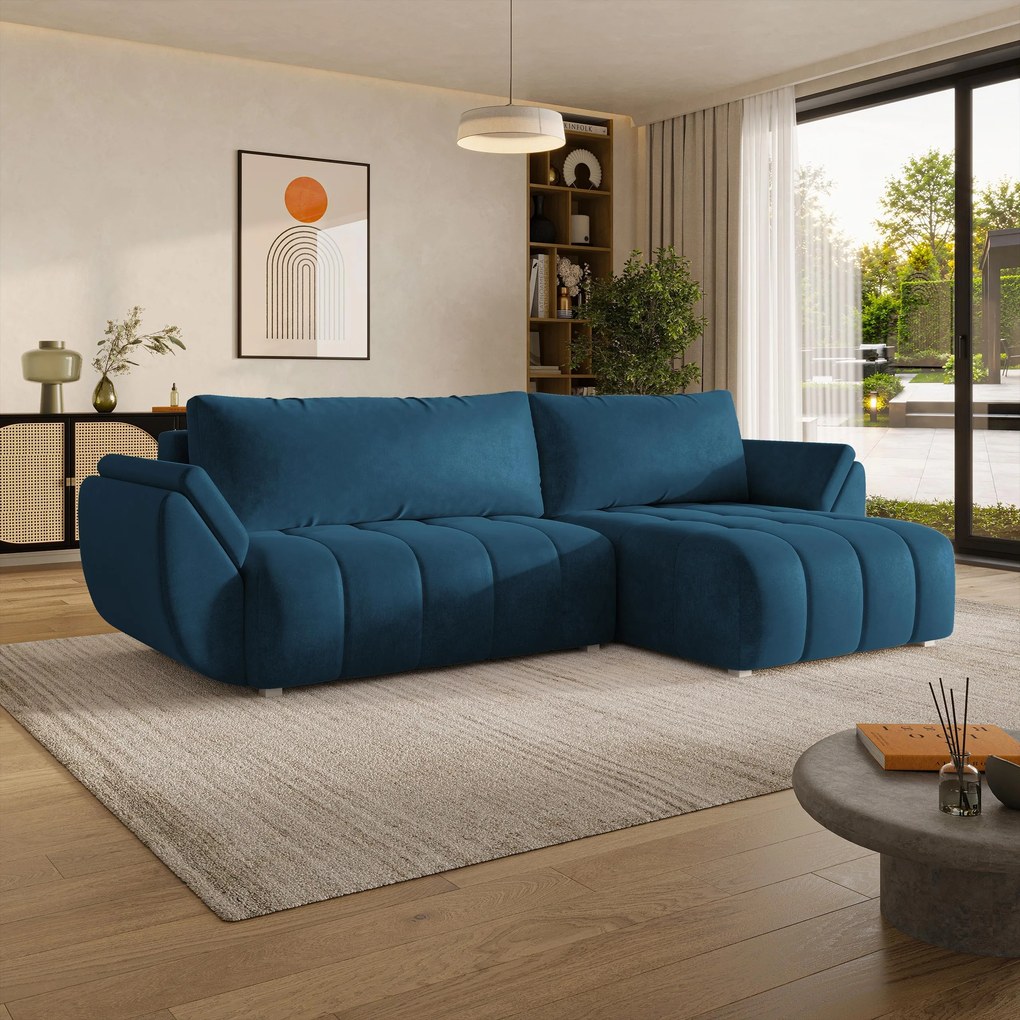 Masseno Narożnik OLSI z funkcją spania i pojemnikiem na pościel Narozniki L, Rozkładana sofa - Niebieski, MONOLITH 77
