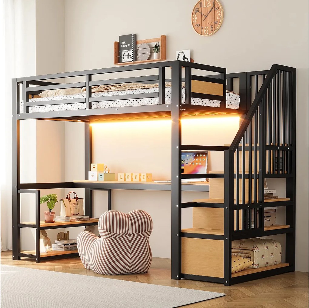 Łóżko piętrowe metalowe dla dzieci - 90 x 200 cm - z diodami LED + gniazdko elektryczne + drabinka + półki + stolik - czarne