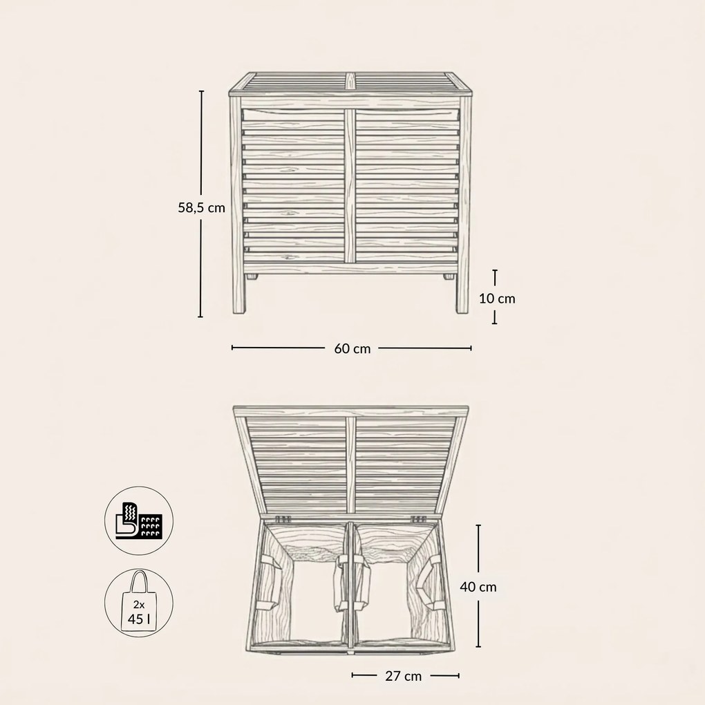 Podwójny kosz na pranie, bambusowy MOA, 90 l