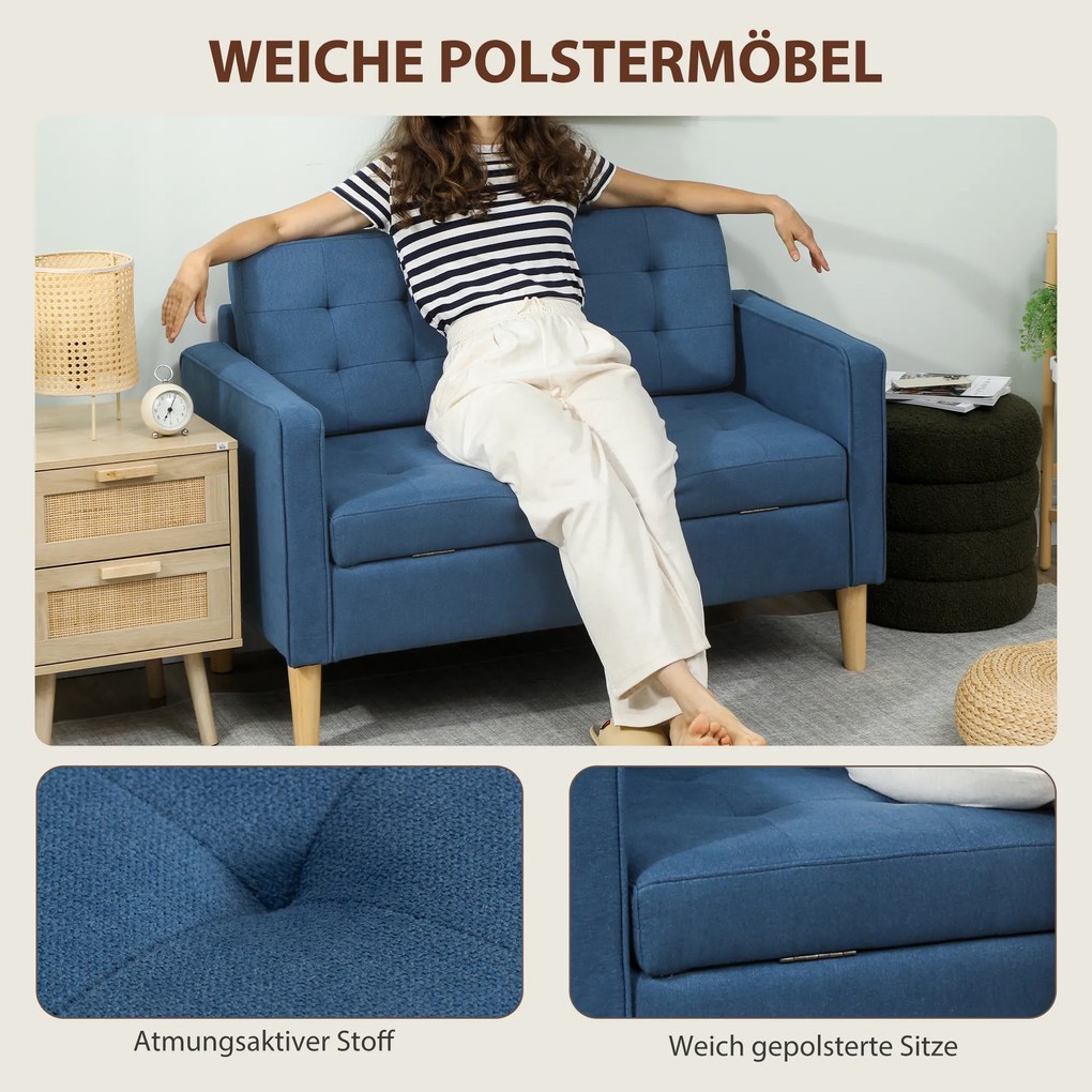 HOMCOM Sofa dwuosobowa z schowkiem, pikowane oparcie, nogi z drewna kauczukowego — 117x62x78 cm, niebieska