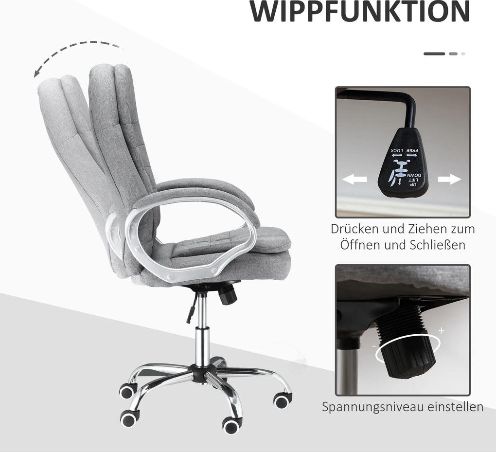 HOMCOM Fotel biurowy ergonomiczny obrotowy 360 stopni regulacja wysokości funkcja przechylania szary len | Aosom PL