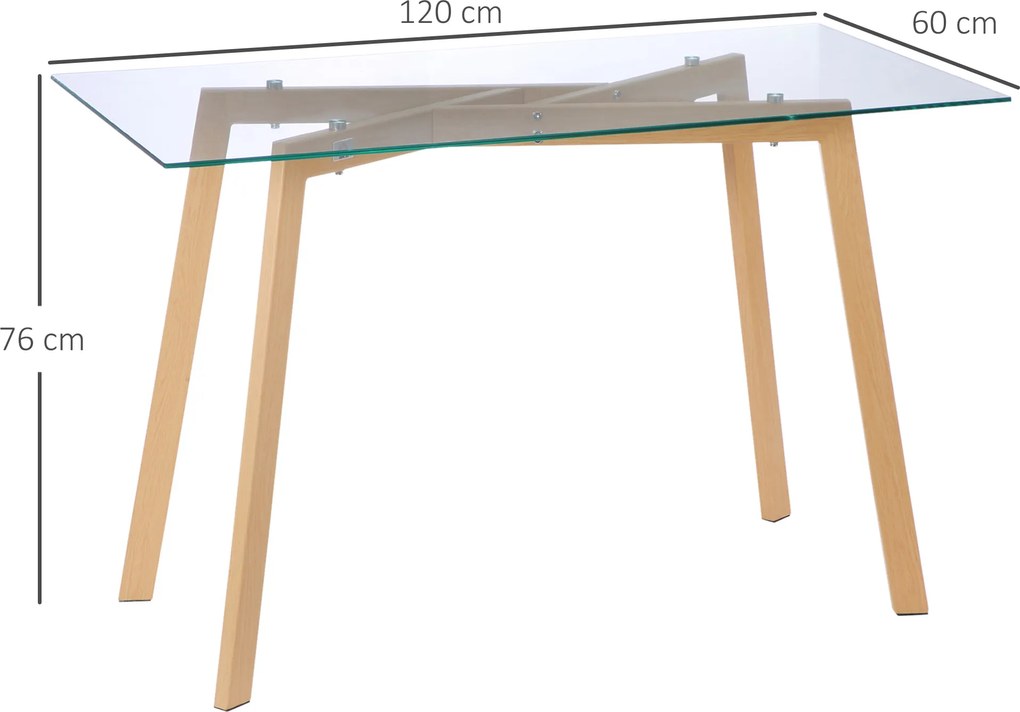 HOMCOM Stół dla 4 osób, Blat ze szkła, Stalowa podstawa z imitacją drewna, 120D x 60S x 76W cm