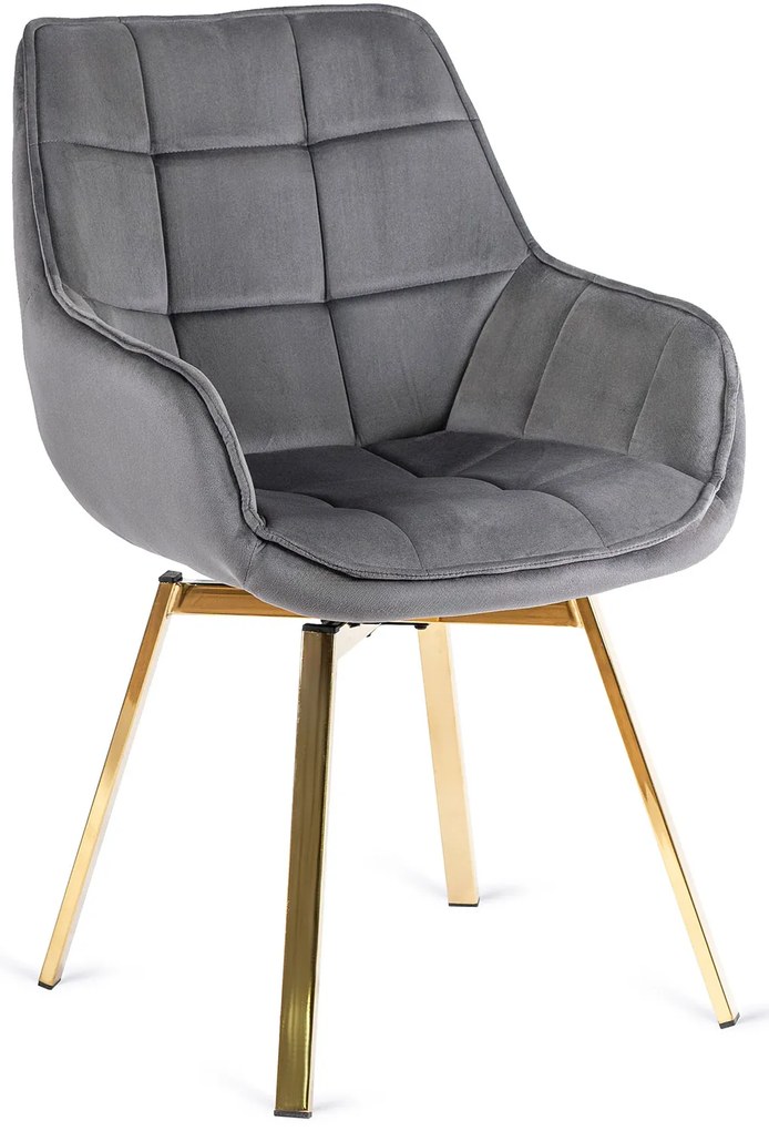 Zestaw Stół Okrągły Szklany SALLO 100 cm ze Złotymi Nogami i 4 Krzesła Tapicerowane Obrotowe do Salonu MIA Szare Welurowe