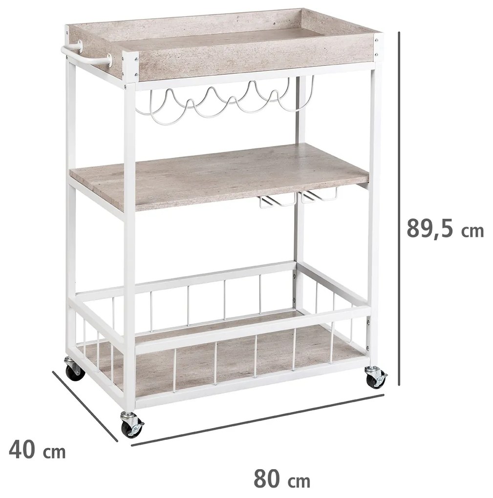 Wózek kuchenny RUSTICO, trójpoziomowy regał na kółkach z uchwytami na butelki i kieliszki - 80 x 89,5 x 40 cm, WENKO