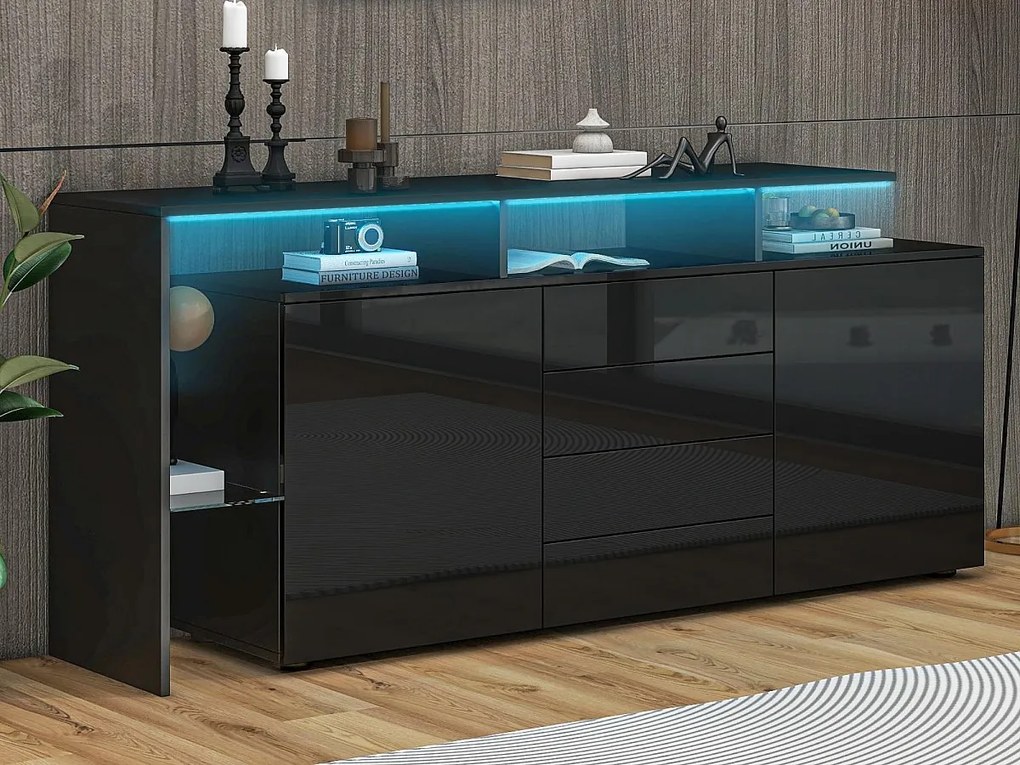 Buffet 160x35x70cm - z oświetleniem LED - 4 szuflady i 2 fronty - Błyszczące wykończenie - Płyty wiórowe - Czarny