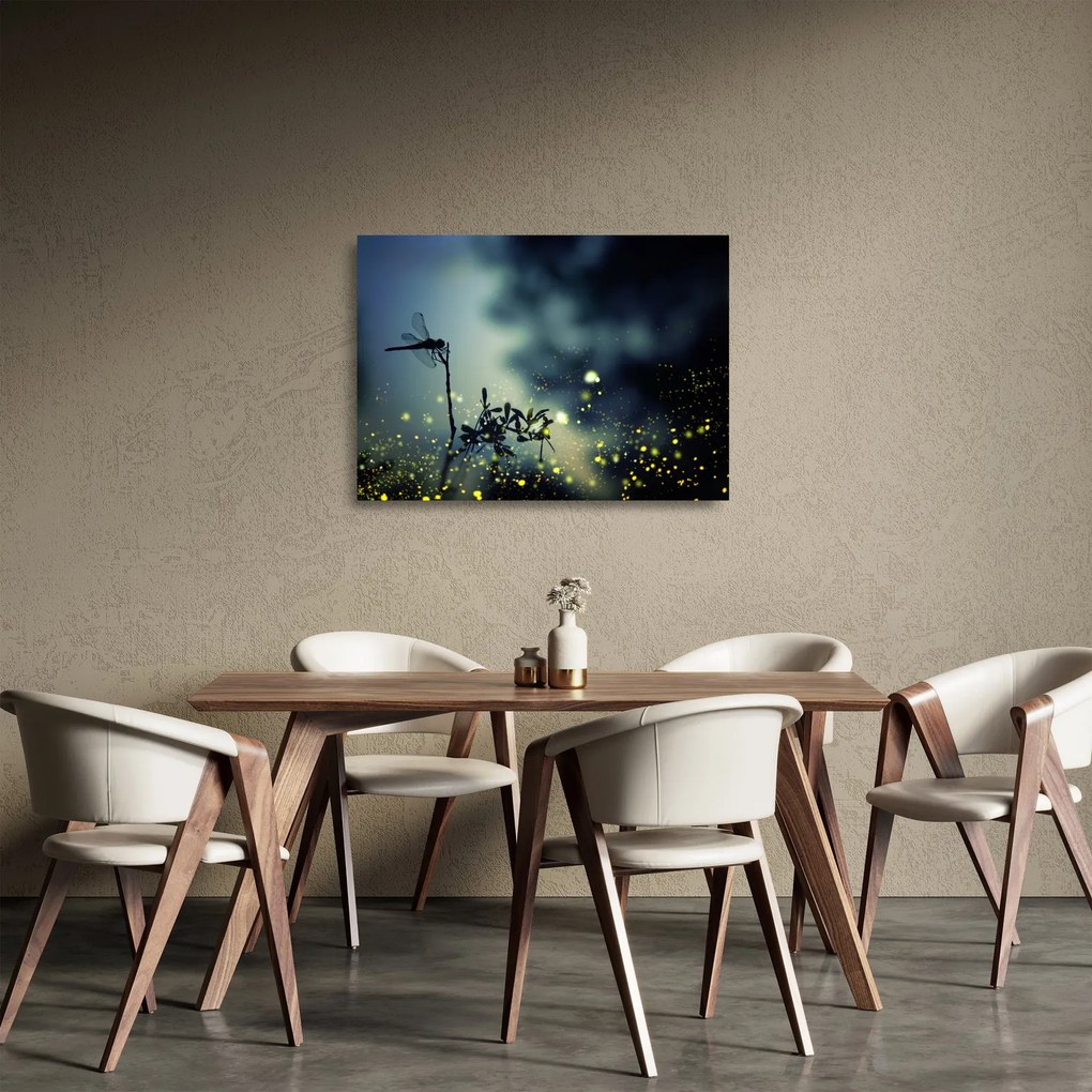 Obraz na szkle - Ważka w błyszczącej nocy (70x50 cm)