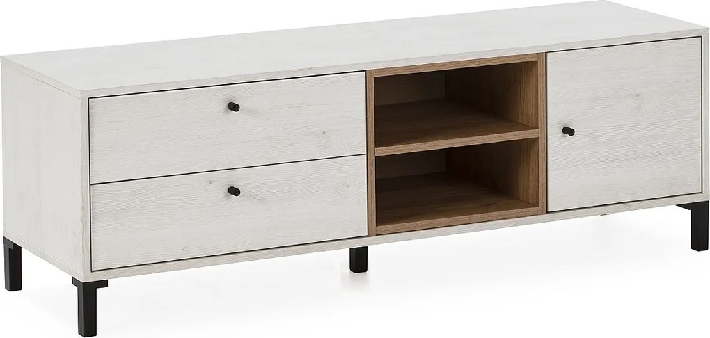 Kolumna RTV Javea 2 szuflady i 1 drzwi, kolor biały i drewno, 136,5 cm (szerokość)