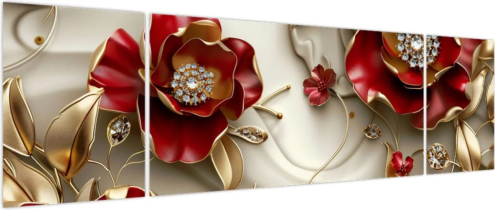 Obraz - 3D czerwono-złote kwiaty (170x50 cm)