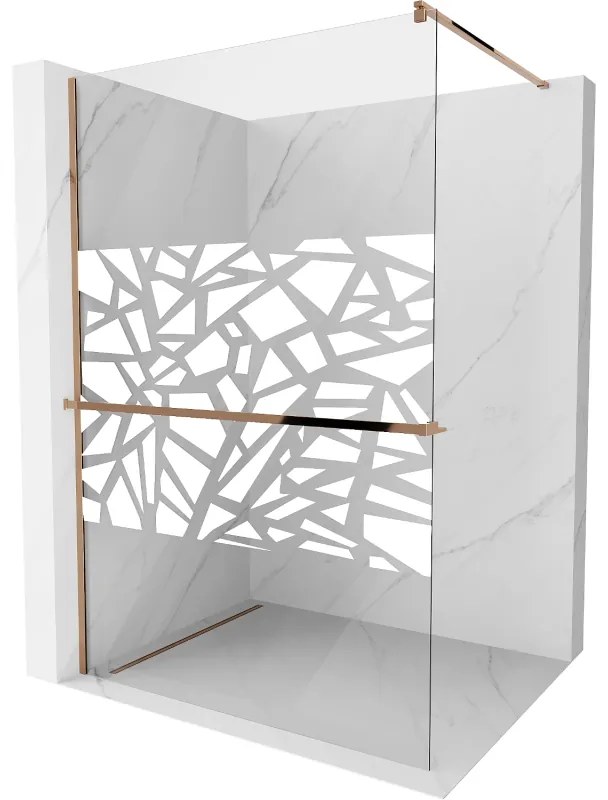 Mexen Kioto+ ścianka prysznicowa z półką Walk-in 130 x 200 cm, biały wzór, różowe złoto - 800-130-121-60-85