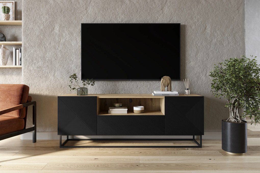 Szafka RTV Asha 167 cm z szufladą i metalowym stelażem - artisan / czarny mat