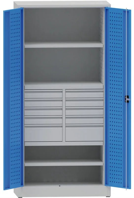 Metalowa szafa warsztatowa, 1950x950x500 mm, 2 półki, 10 szuflad