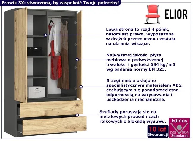 Dwudrzwiowa szafa szary + dąb artisan - Hino 3X