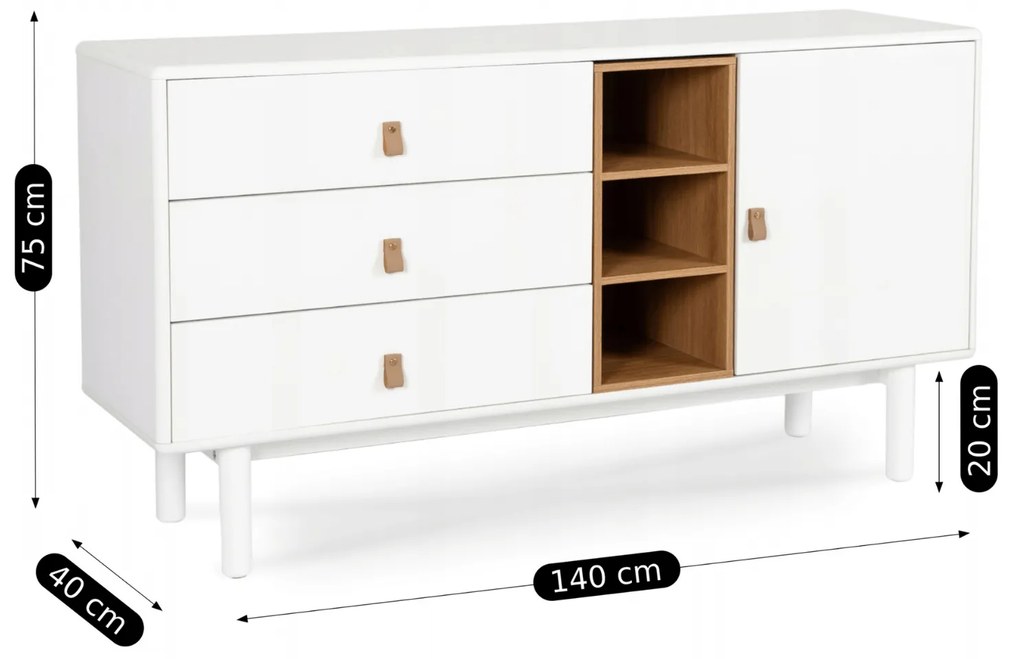 Komoda do Salonu CASTILLO 140 cm Biała z Szufladami i Półkami Skandynawska