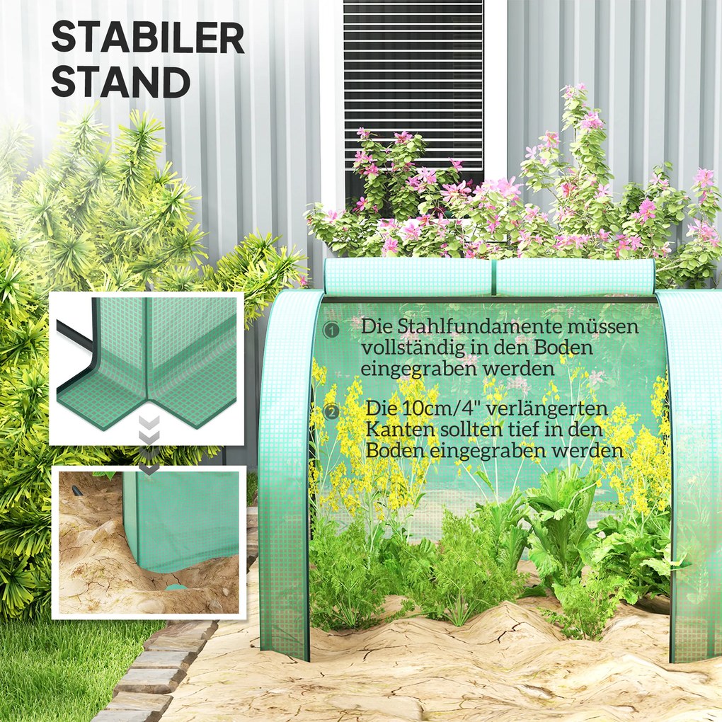 Outsunny Tunel foliowy, 4 okna na zamek błyskawiczny, stalowy stelaż, wytrzymały pokrowiec, 395 x 100 x 80 cm, Zielony