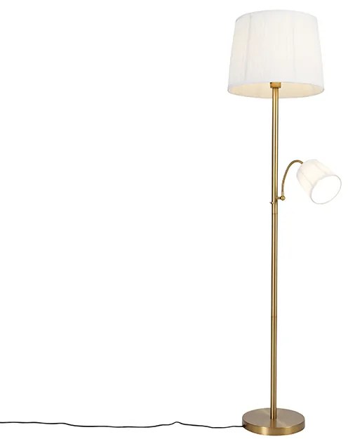Klasyczna lampa podłogowa brązowa z białym materiałowym abażurem i lampką do czytania - Retro klasyczny/Antyczny Oswietlenie wewnetrzne