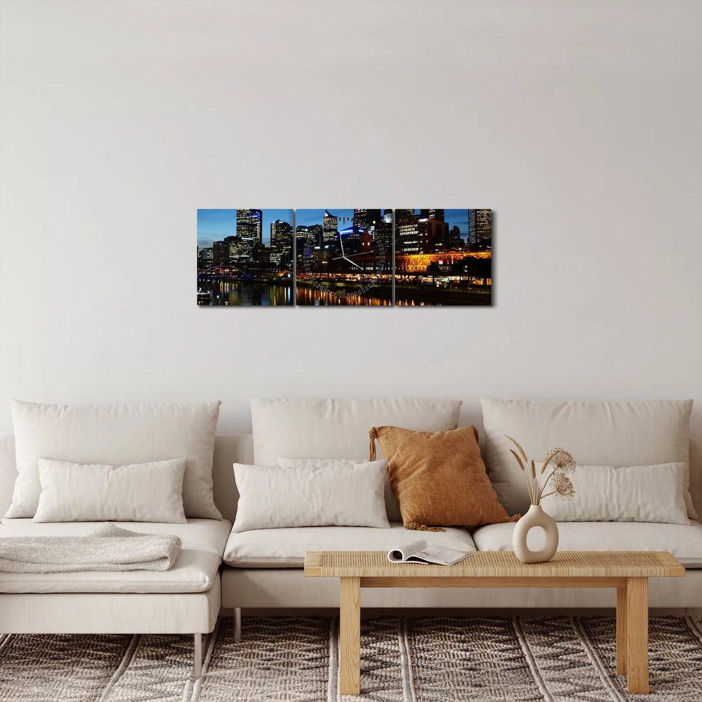 Obraz nocy w Melbourne (z zegarem) (90x30 cm)