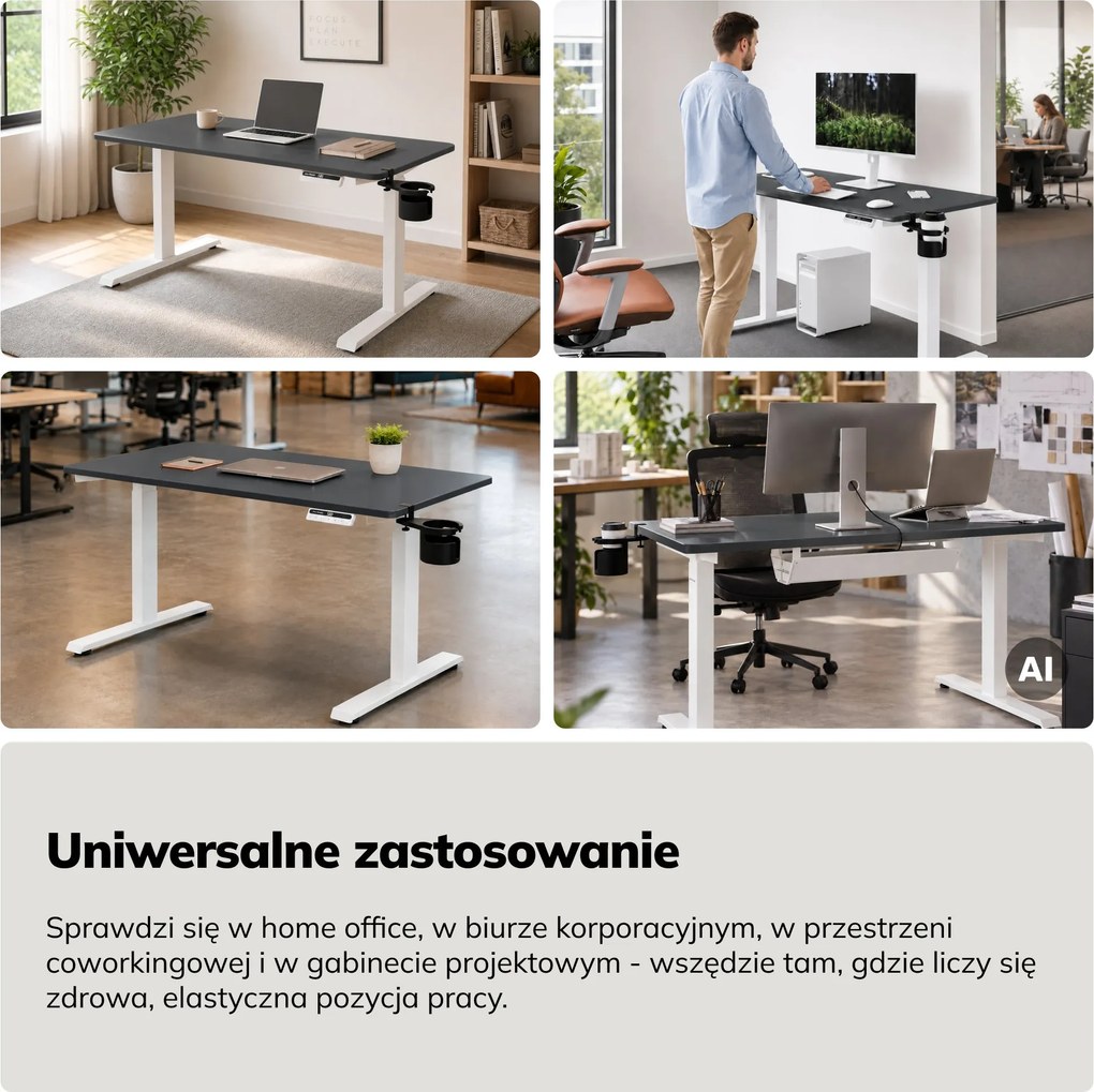 Biurko elektryczne z regulacją wysokości ergonomiczne biało-antracytowe,1200x600 mm: ARIA