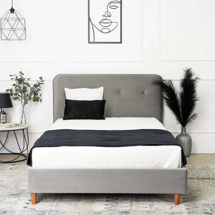 Łóżko Tapicerowane 120x200 cm ze Stelażem Jednoosobowe DENNIS Jasnoszare Welurowe