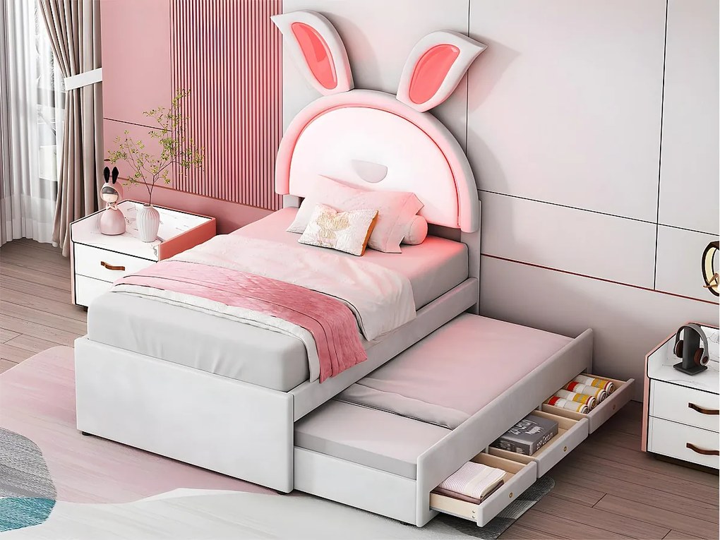 Łóżko dziecięce 90x200cm z weluru - łóżko z wysuwanym drugim łóżkiem z 3 szufladami i kolorowymi światłami LED - Beżowe
