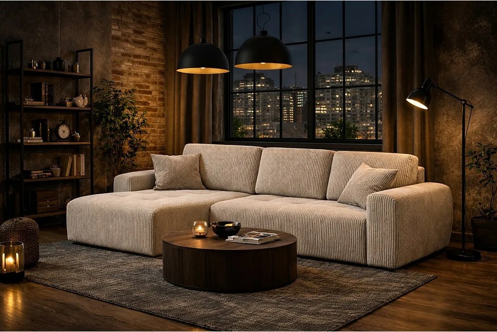 Narożnik w kształcie L z funkcją spania i pojemnikiem Ivo L, tkanina sztruksowa Poso, Ciemnobeżowy, Lewy