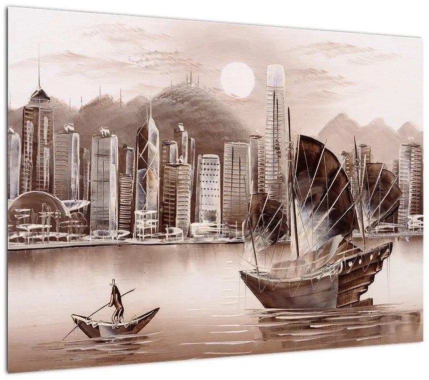 Obraz na szkle - Victoria Harbor, Hongkong, efekt sepii (70x50 cm)