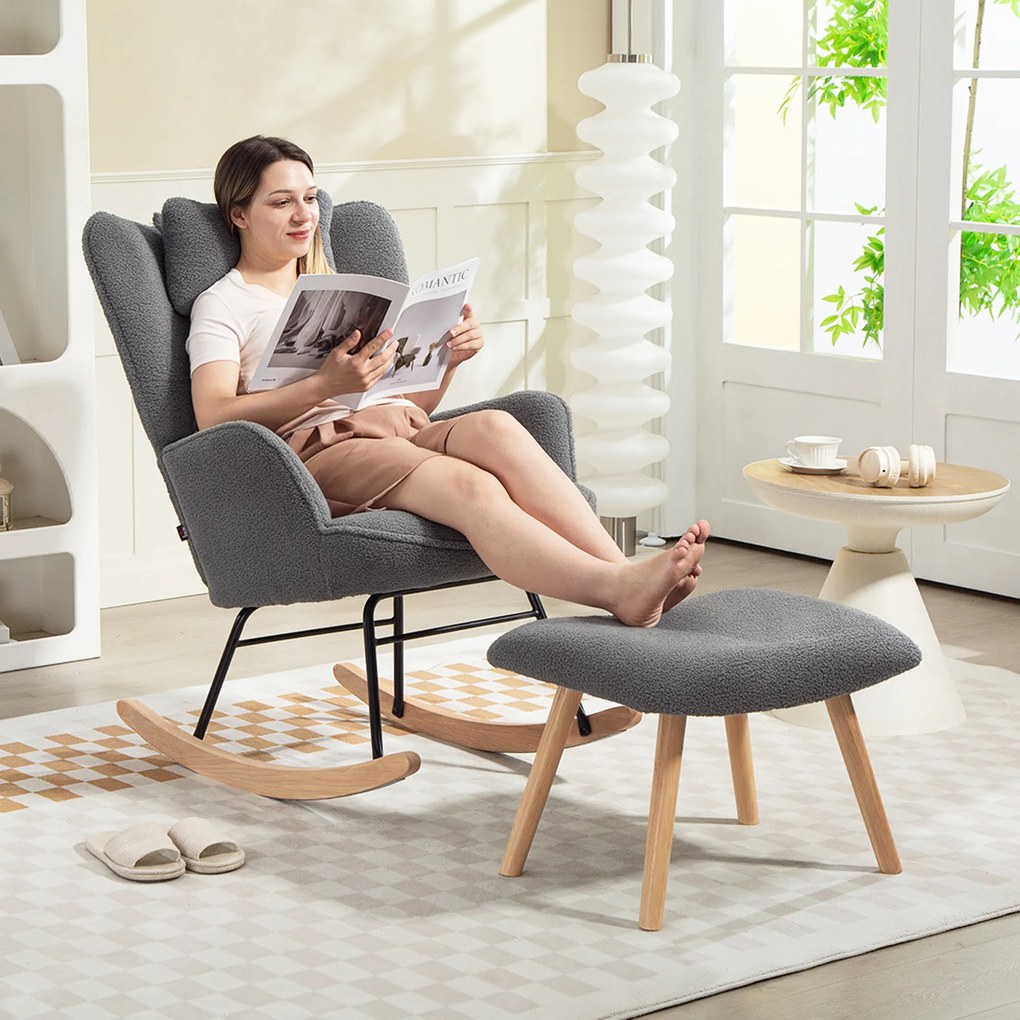 HOMCOM Fotel bujany z podnóżkiem, miękkie pokrycie polarowe, drewniane nogi, poduszka, wysokie oparcie, fotel bujany, ciemnoszary