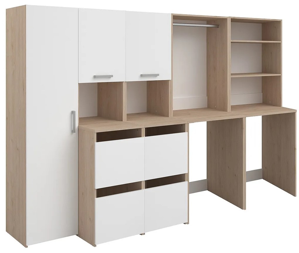 Szafka do pralni na 2 urządzenia z półkami, drążkiem, szafkami i słupkiem - Naturalny jasny i biały - szer. 269 x wys. 184 cm - ERKANO