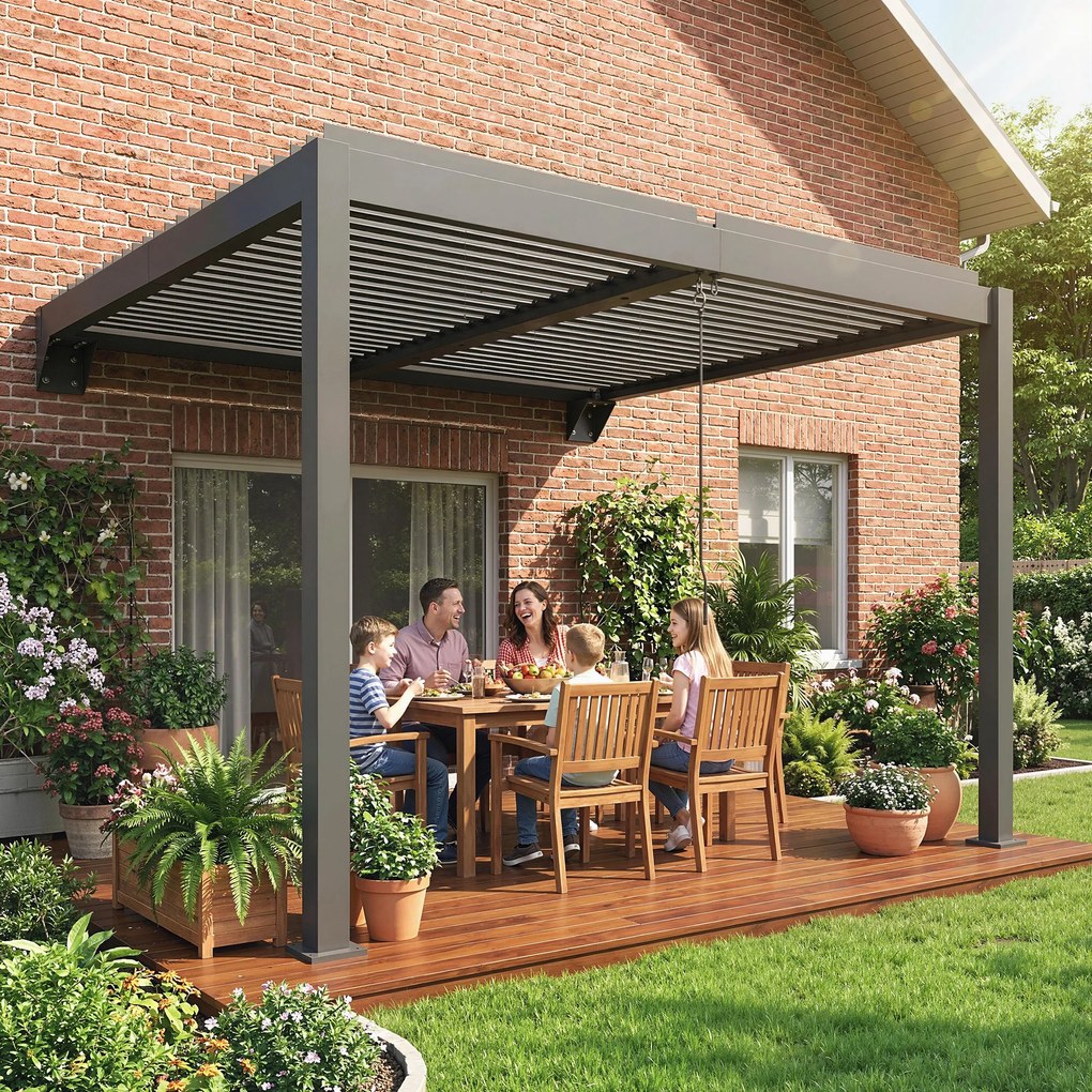Outsunny Pergola ok. 3x3 m aluminiowa zadaszenie tarasu z regulowanym dachem lamelowym montaż na ścianie ciemnoszara | Aosom PL