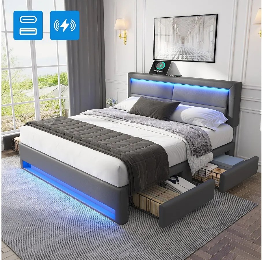 Łóżko tapicerowane 160 x 200 cm z wezgłowiem i 4 szufladami - LED-y i gniazda USB - skóra ekologiczna - czarne (bez materaca)