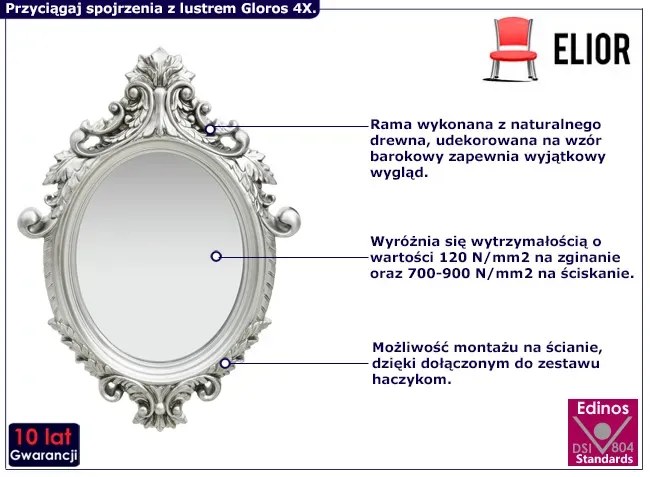 Srebrne lustro z ramą w stylu glamour - Gloros 4X