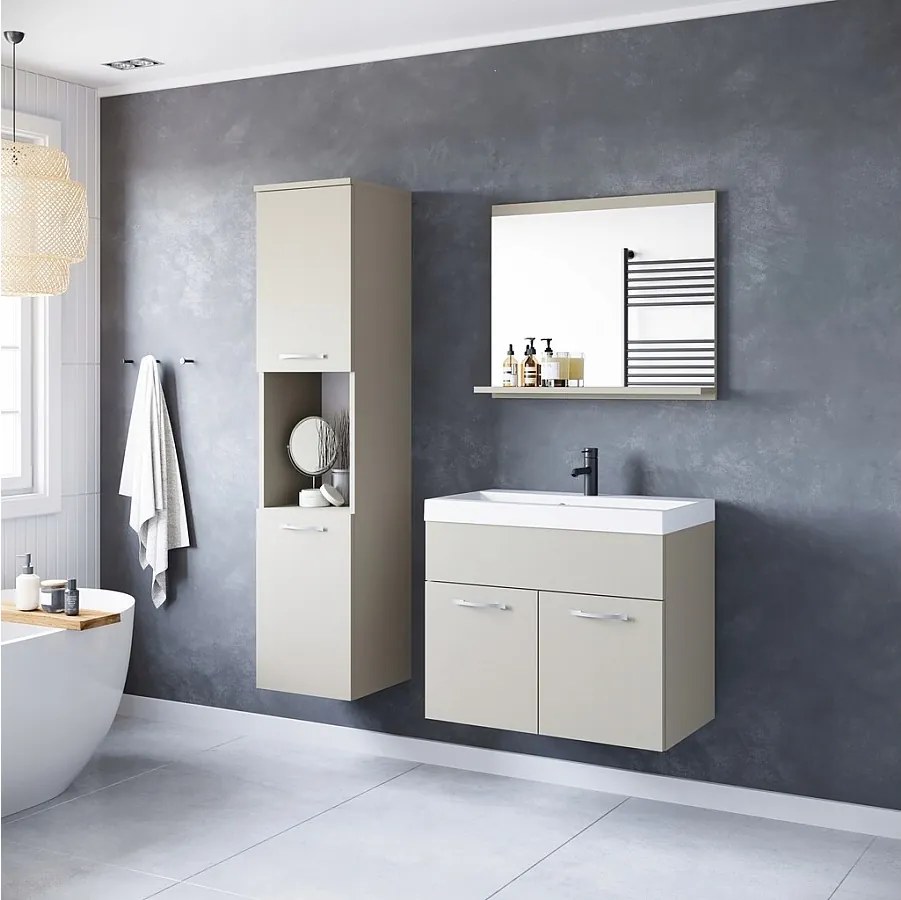 Zestaw mebli łazienkowych, komplet wiszący z umywalką, lustrem i słupkami, kaszmirowy beż mat