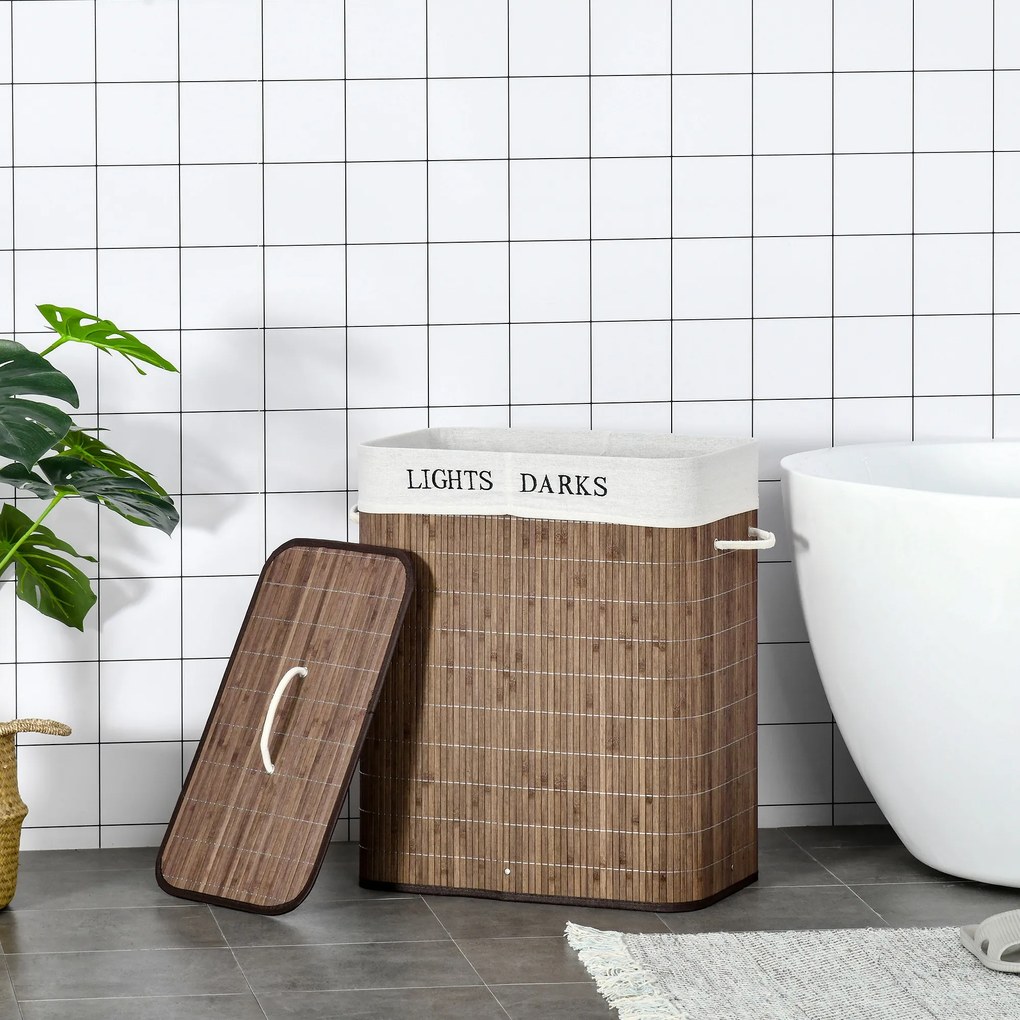 HOMCOM Kosz na Pranie 100L Bambus Poliester Bawełna z 3 Uchwytami Brązowy Biały 52x32x63cm | Aosom PL